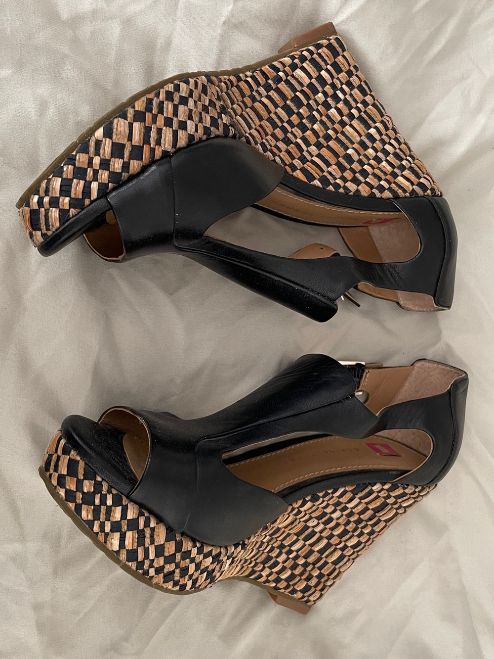 Elaine Turner Julia wedges in black leather with an optic basket weave pattern